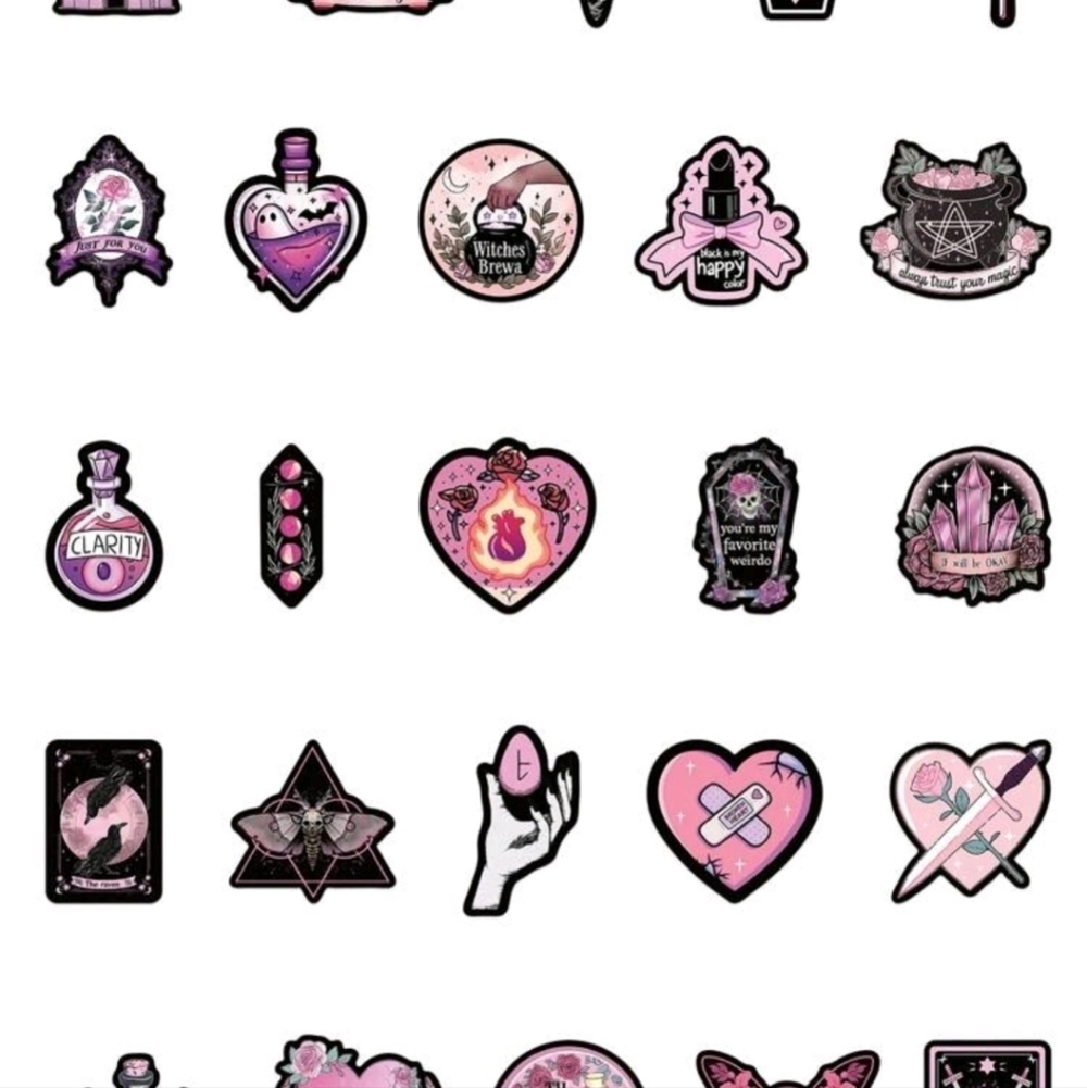 Pink pastel goth anime heart skull crystal butterfly vinyl sticker 50 piece asso - Picture 3 of 8